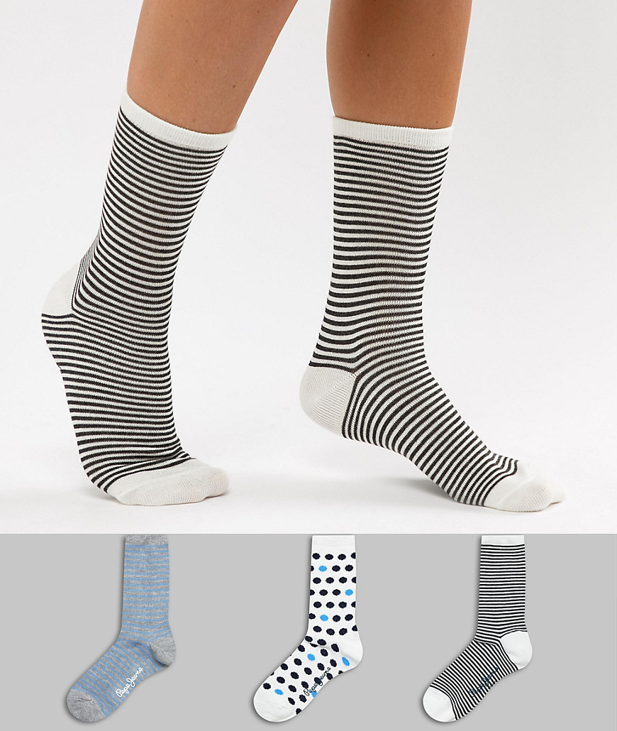 Pepe Jeans 3 pack socks in stripe and spot - Navy/blue marl