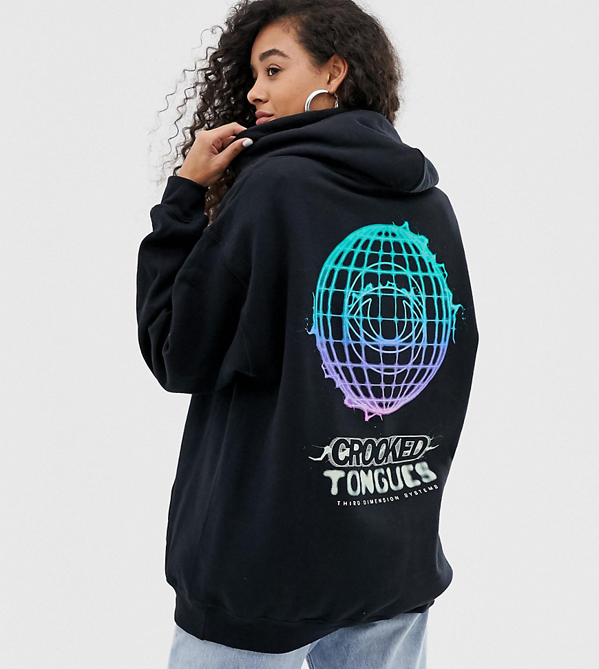 Crooked Tongues oversized hoodie in black with glow in dark print