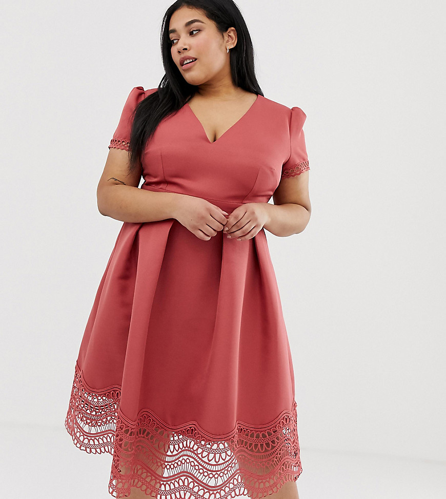 Little Mistress Plus plunge front full prom midi dress with lace hem in terracotta