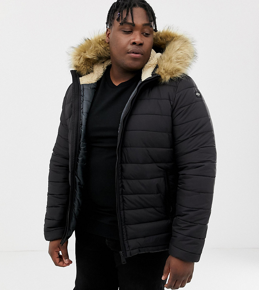 Schott Rocky 2 hooded puffer bomber with detachable faux fur trim in black