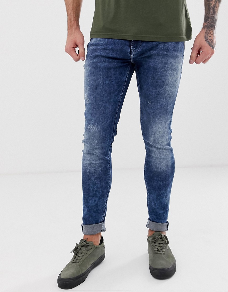 Blend lunar super skinny fit distressed jeans in mid blue wash