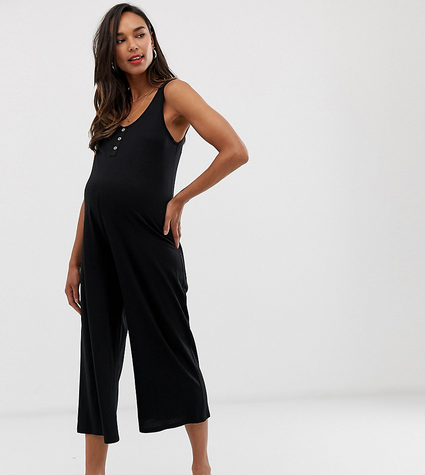 New Look Maternity button down ribbed jumpsuit in black