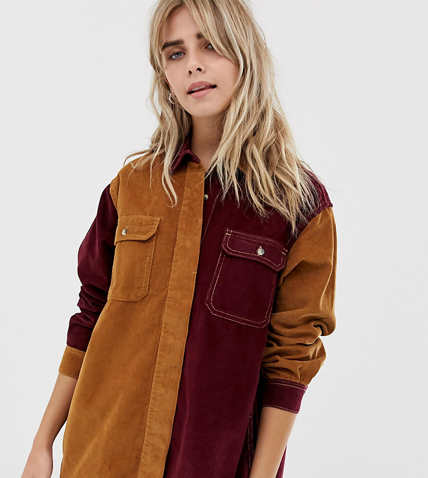 Pull&Bear cord colour block shirt in camel and burgundy