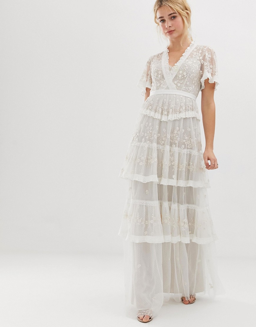 Needle & Thread embroidered lace tiered maxi dress in ivory