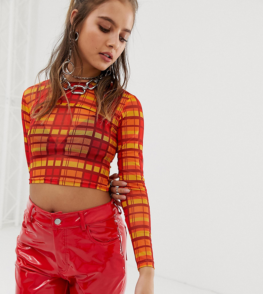 One Above Another long sleeve mesh top in bright check