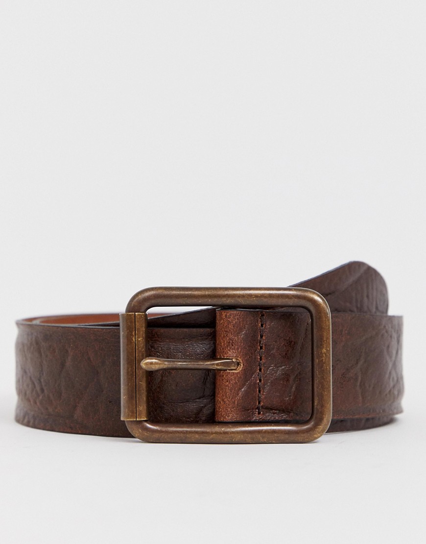 ASOS DESIGN leather wide belt in distressed vintage brown with burnished buckle