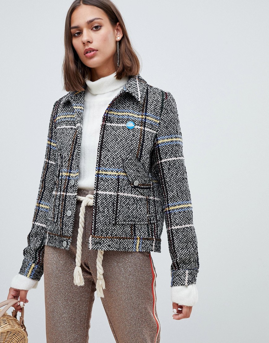 Maison Scotch short wool belted worker jacket in check