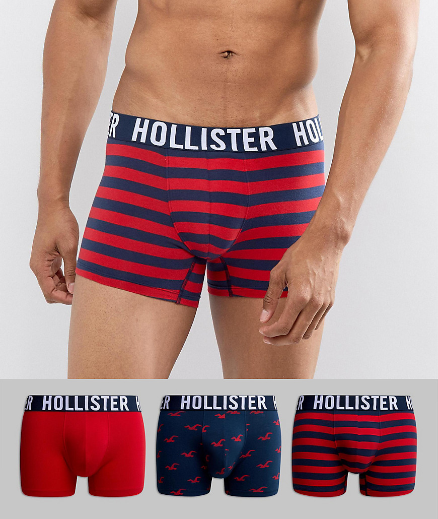 Hollister Solid 3 Pack Trunks Logo Waistband in Red Blue/Red Seagulls/Red Stripe - Red blue stripe