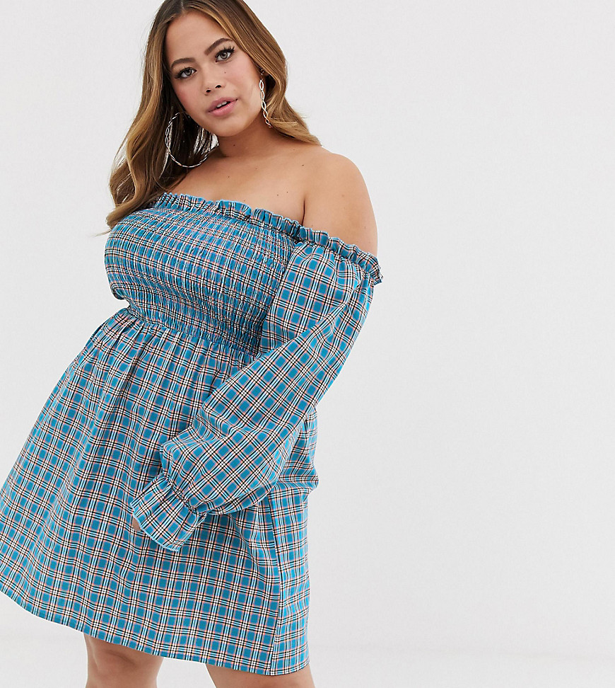 PrettyLittleThing Plus bardot dress with shirred detail in blue check