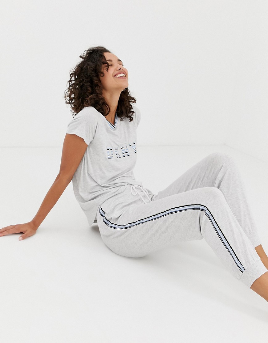 DKNY logo and stripe detail t-shirt and jogger pyjama set in grey marl