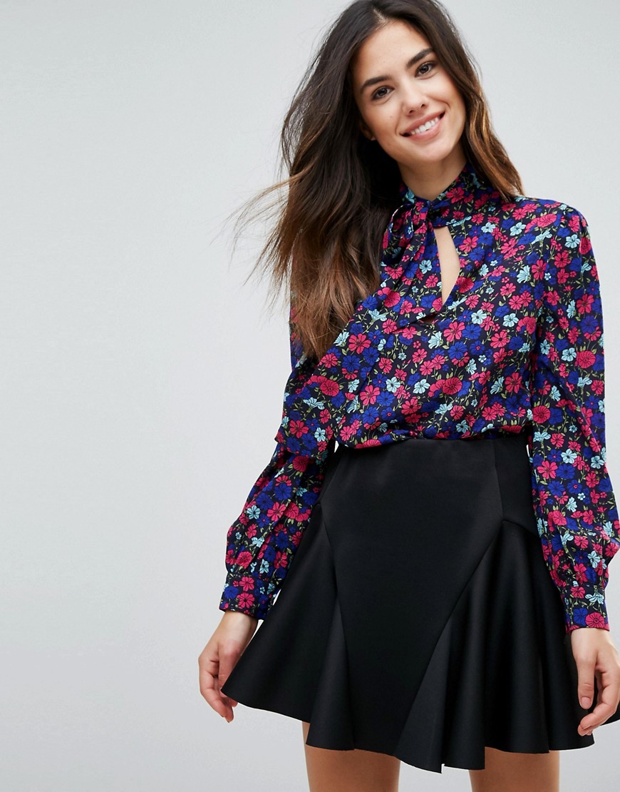 Parisian Floral Printed Blouse With Tie Neck - Navy