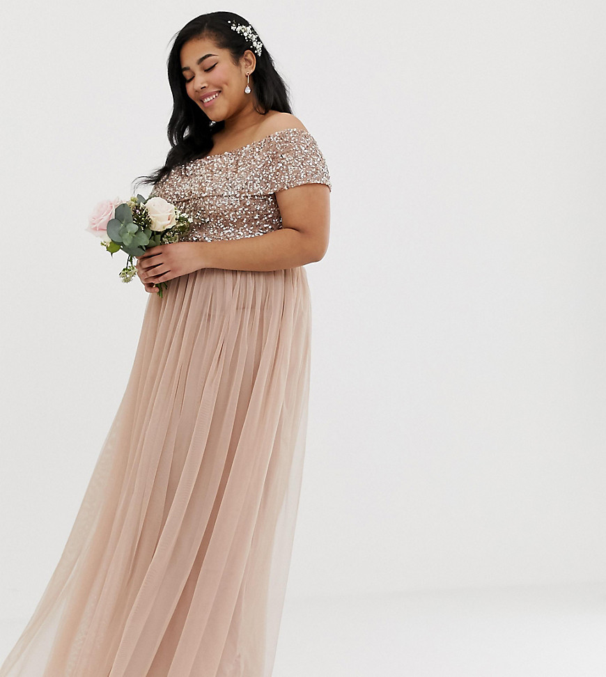 Maya Plus Bridesmaid  off shoulder  maxi tulle dress with tonal delicate sequin in taupe blush