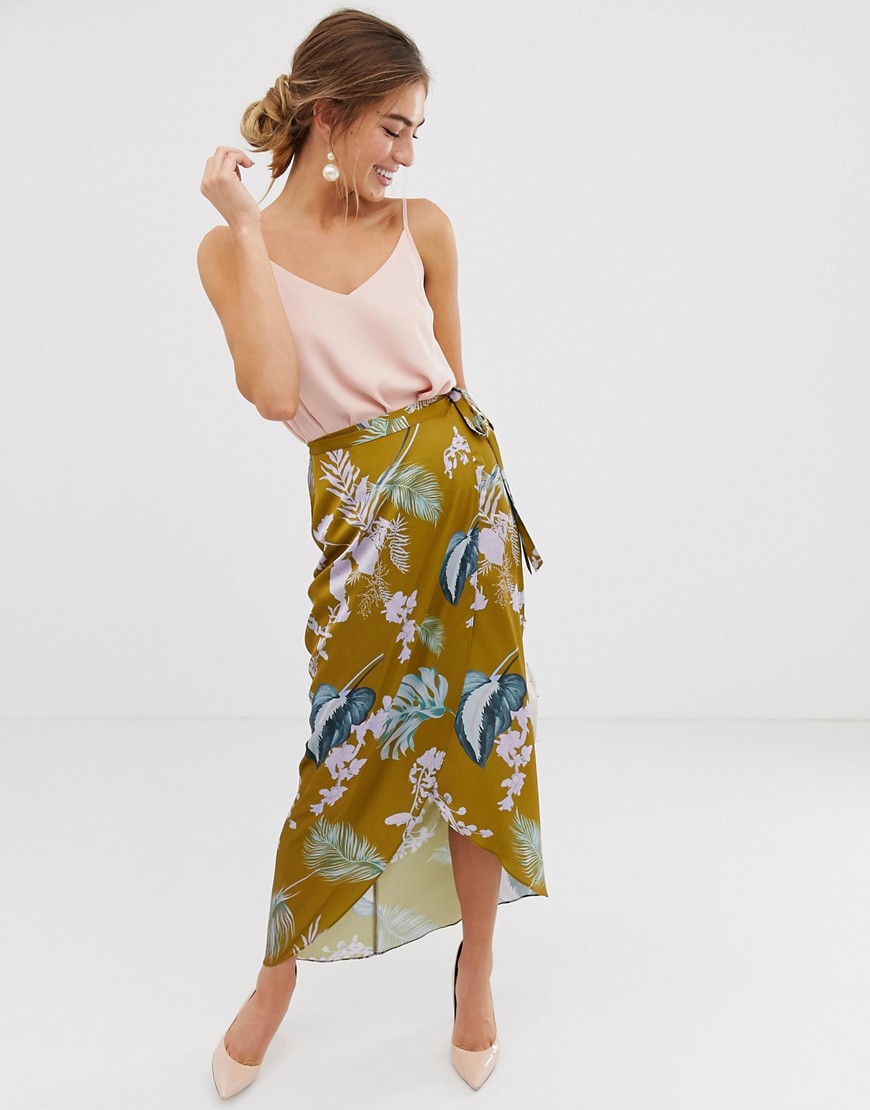 ASOS DESIGN palm print satin wrap maxi skirt