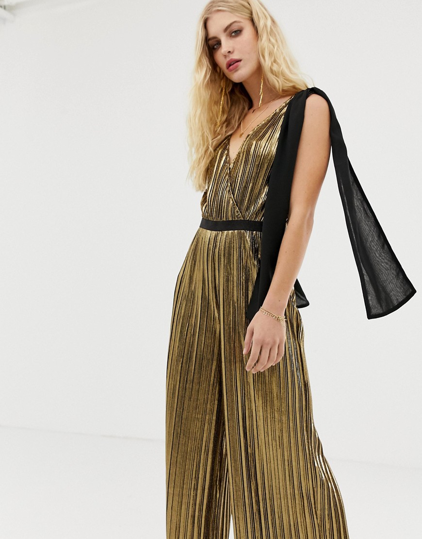 Moon River metallic wide leg jumpsuit with bow shoulders