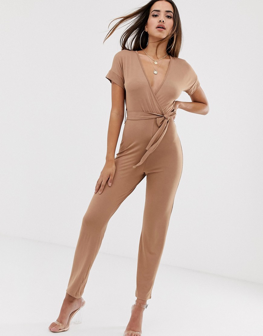 In The Style Wrap Front Jersey Jumpsuit