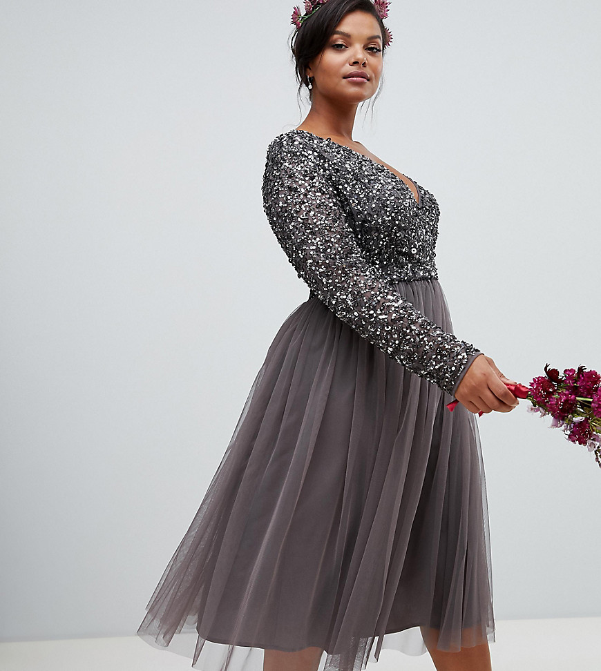 Maya Plus long sleeve wrap front midi dress with delicate sequin and tulle skirt in charcoal - Charcoal
