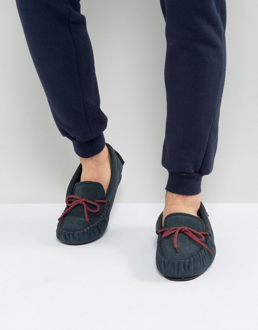 Dunlop Moccasin Slippers In Navy Suede - Blue