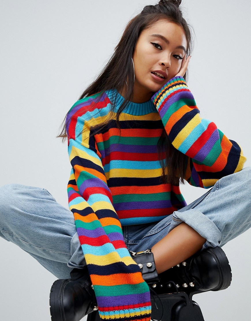 The Ragged Priest oversized knitted jumper in rainbow stripe - Multi
