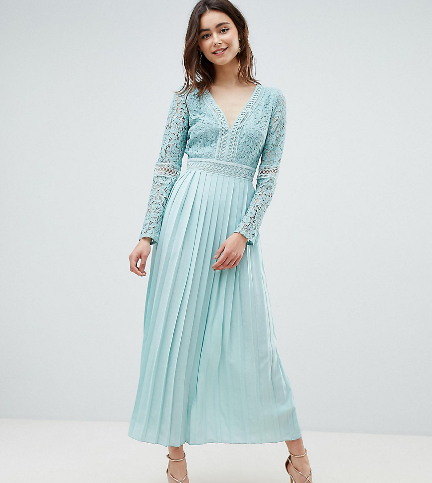 Little Mistress Tall lace top midi skater dress with pleated skirt in spearmint
