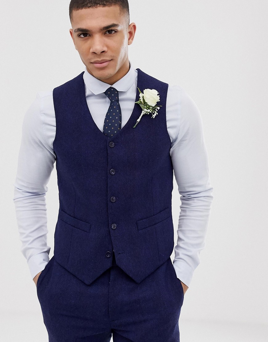 ASOS DESIGN wedding skinny suit waistcoat in blue wool blend herringbone
