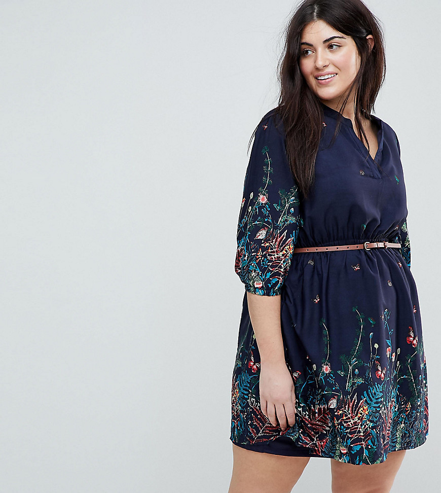 Yumi Plus Belted Dress with 3/4 Sleeves in Meadow Border Print - Navy
