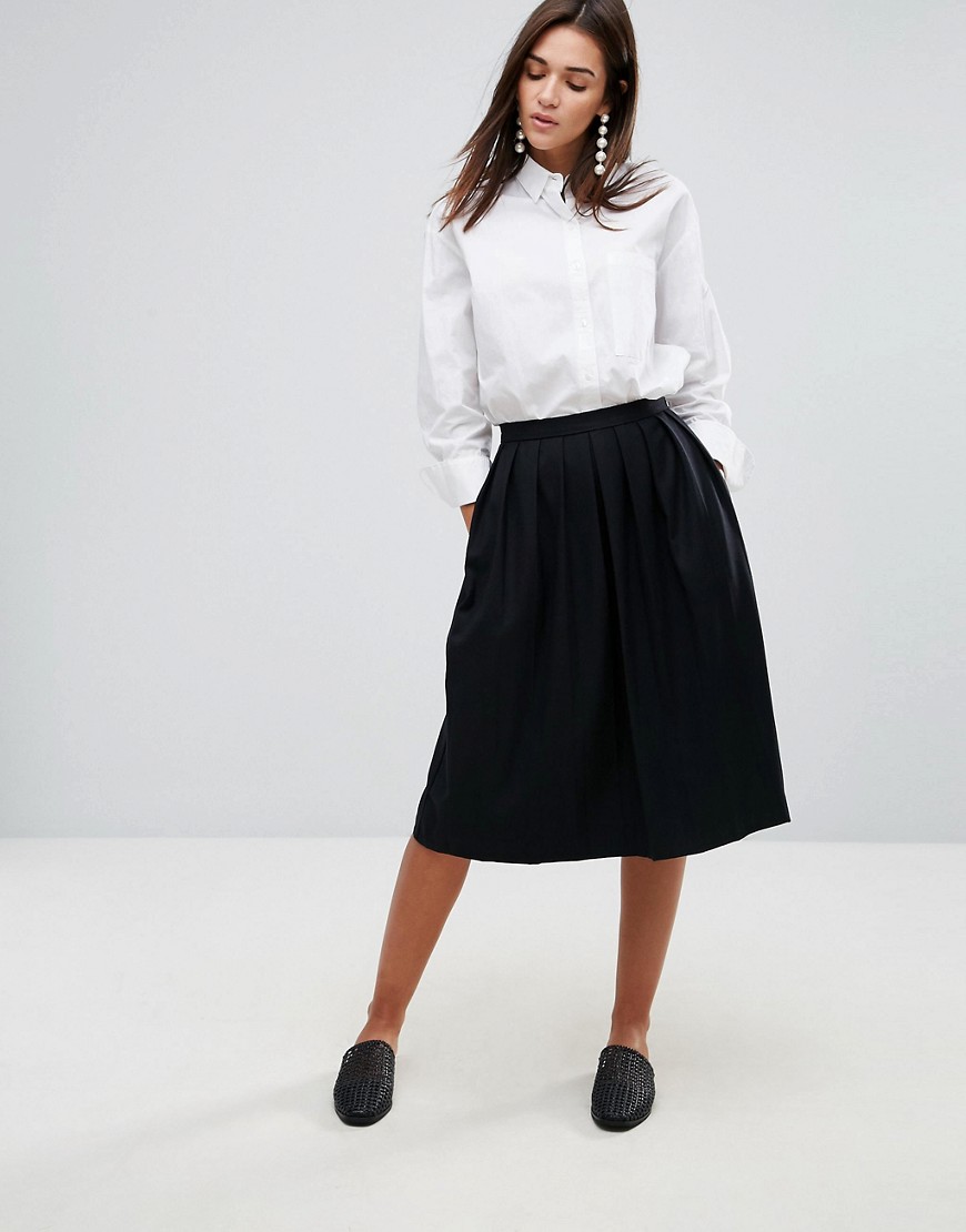 YMC Wool Blend Pleated Midi Skirt - Black