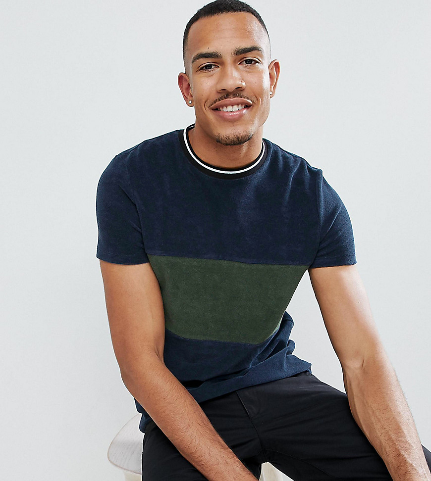 Asos Design Tall T-shirt In Towelling With Contrast Body Panel In Navy - Navy
