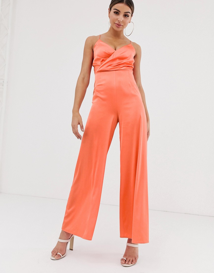 The Girlcode satin wrap front jumpsuit in tangerine