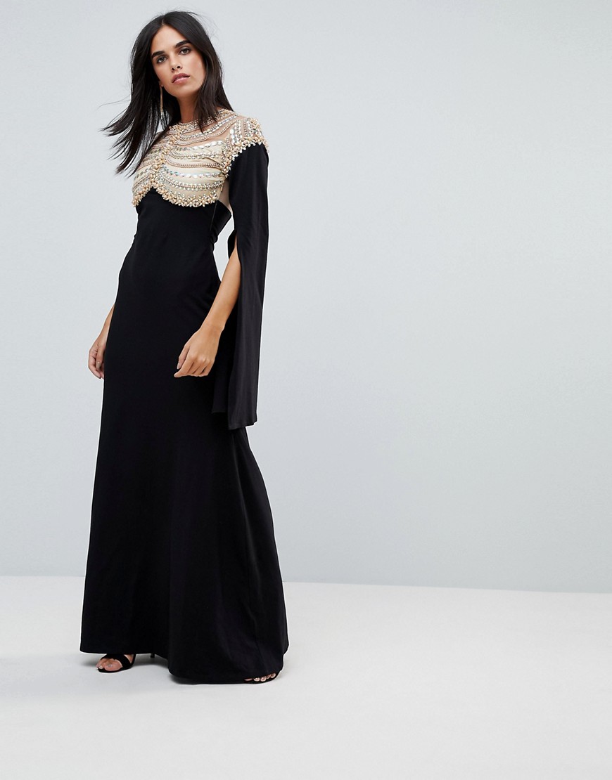 A Star Is Born Cape Sleeved Jersey Maxi Dress With Embellished And Mesh Top
