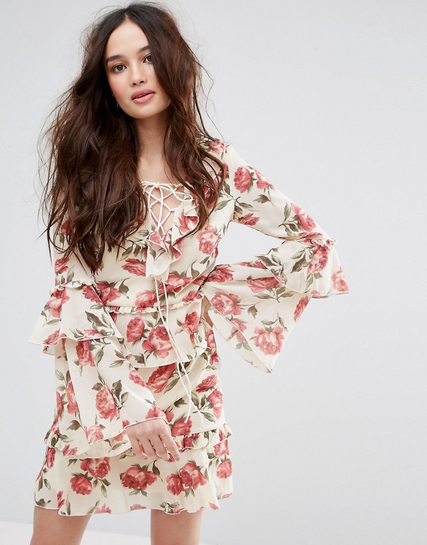 Missguided Floral Skater Dress With Flute Sleeve - Multi