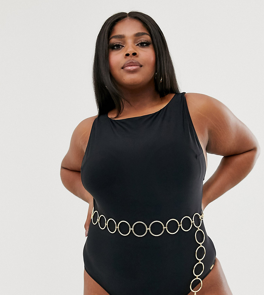 Figleaves Curve high neck swimsuit with plunge back with statement gold belt in black