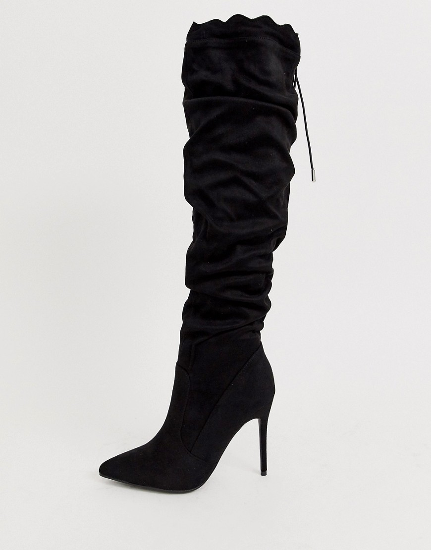 Lost Ink pull top ruched stiletto boot in black
