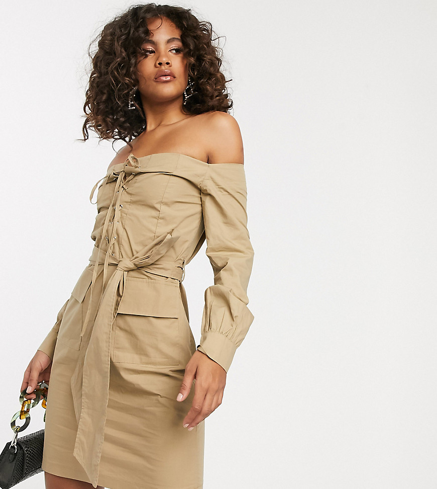 Missguided Tall bardot dress with lace up detail in camel