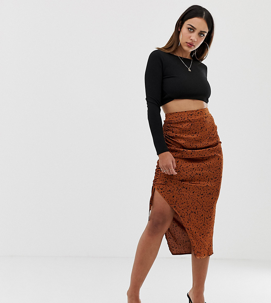 PrettyLittleThing side ruched midi skirt in brown spot