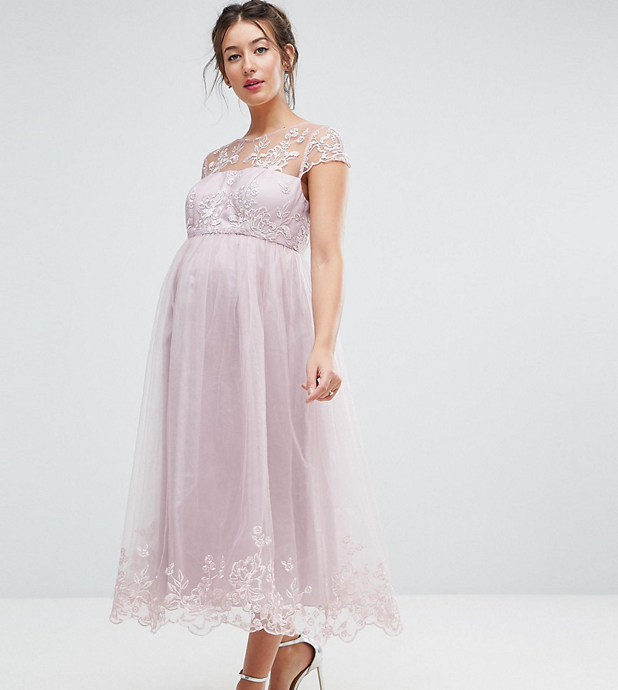 Chi Chi London Maternity Premium Lace Midi Prom Dress with Lace Neck - Mink