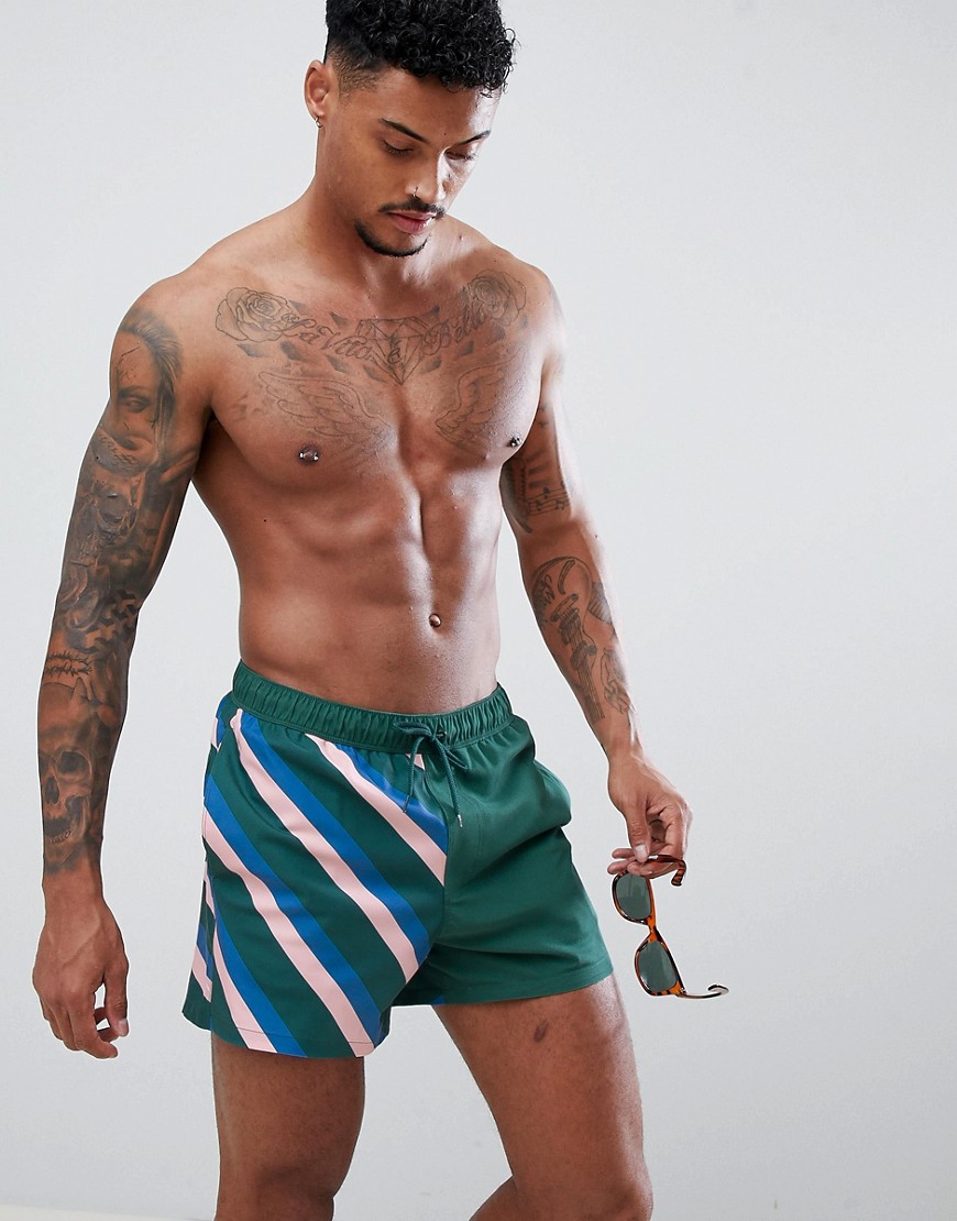 ASOS DESIGN Swim Shorts With Cut & Sew Stripe Print Short Length