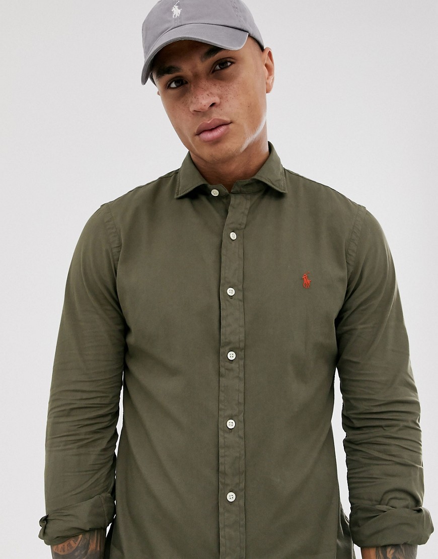 Polo Ralph Lauren slim fit garment dyed oxford shirt phillip collar in dark green with player logo