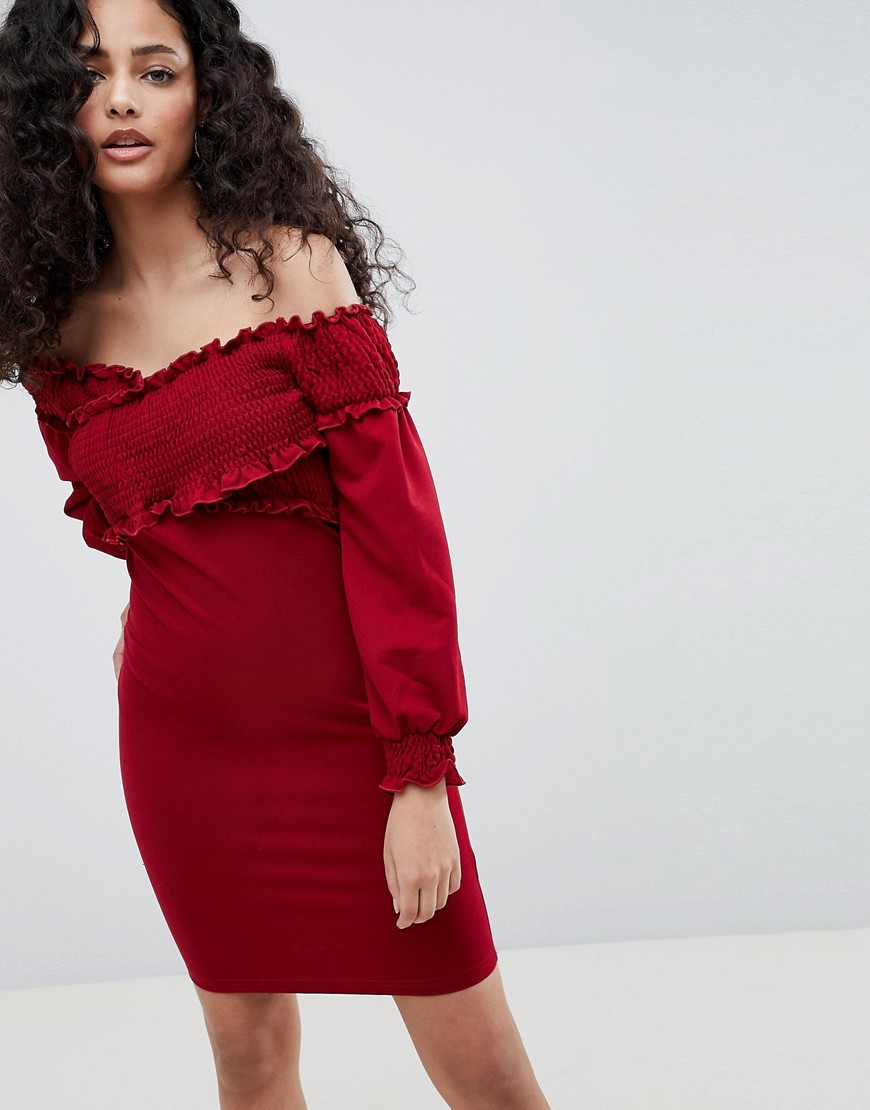 Parisian Off Shoulder Dress With Ruching Detail - Wine