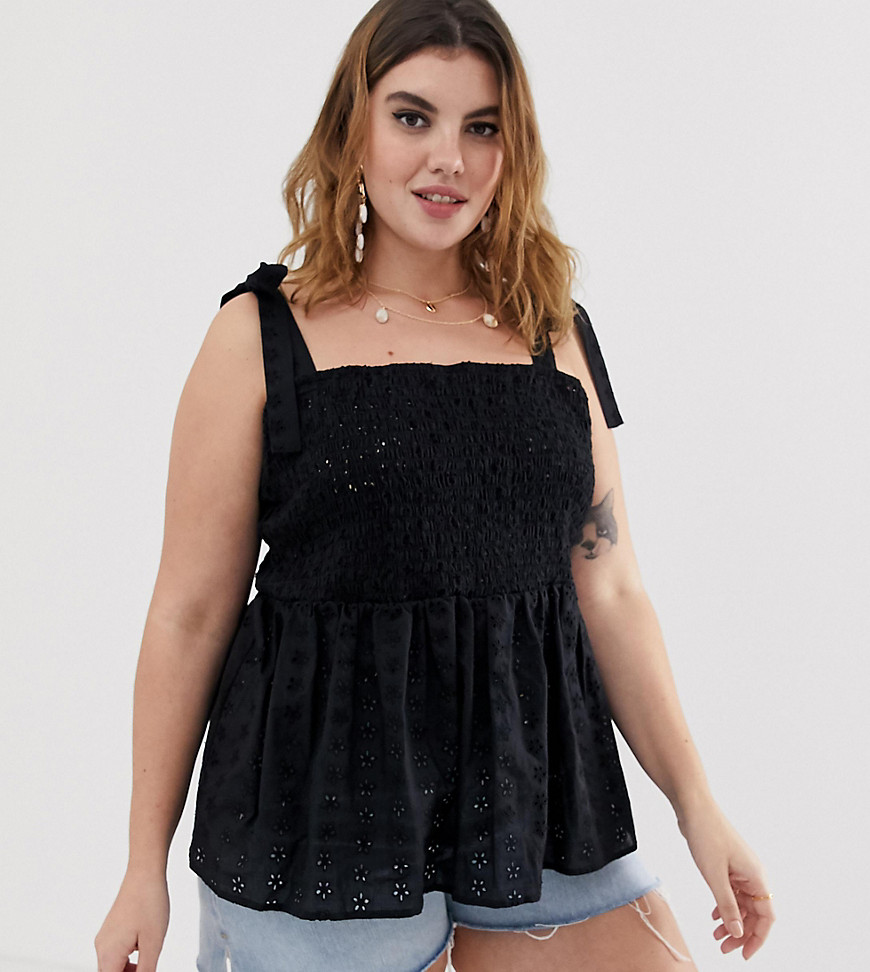 ASOS DESIGN Curve cami broderie sun top with shirring and tie shoulder detail