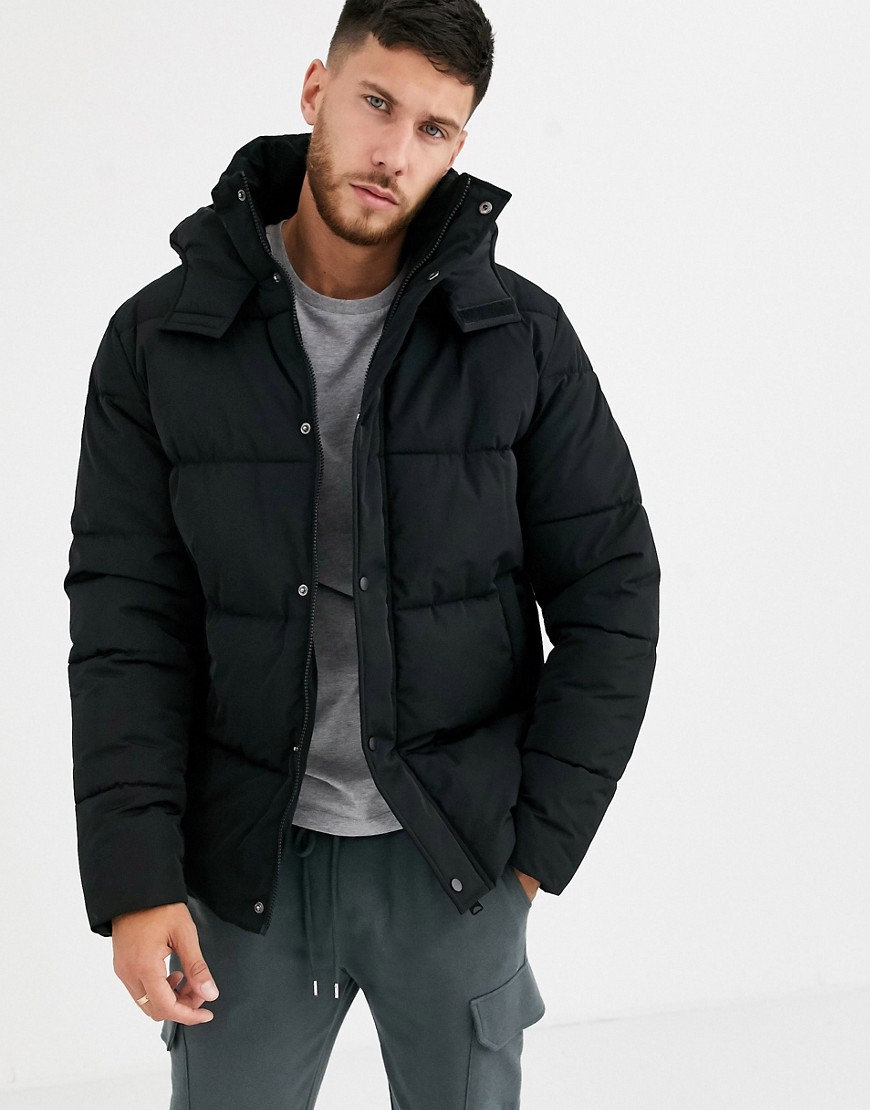 ASOS DESIGN sustainable puffer jacket with hood in black