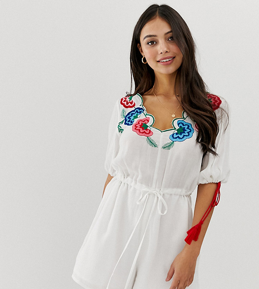 ASOS DESIGN petite playsuit with embroidery and tie sleeve detail