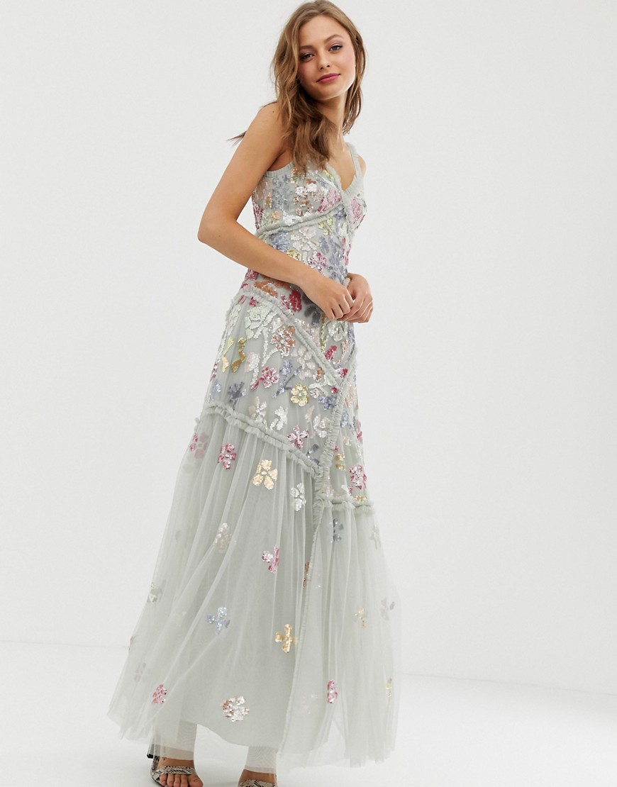 Needle & Thread embellished cami strap gown in pistachio