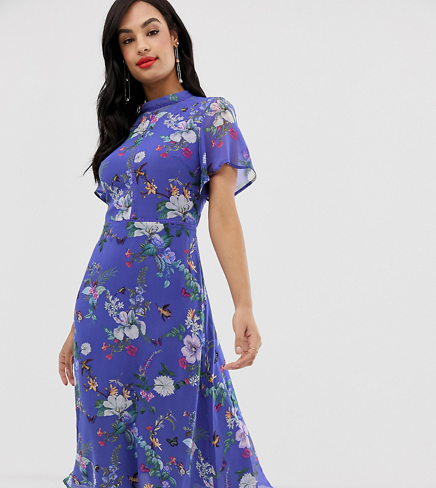 Oasis high neck midi dress in blue floral