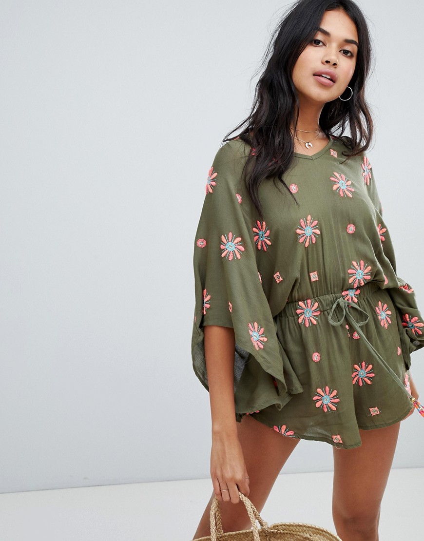 Anmol Oversized Beach Playsuit With Floral Embroidery - Khaki