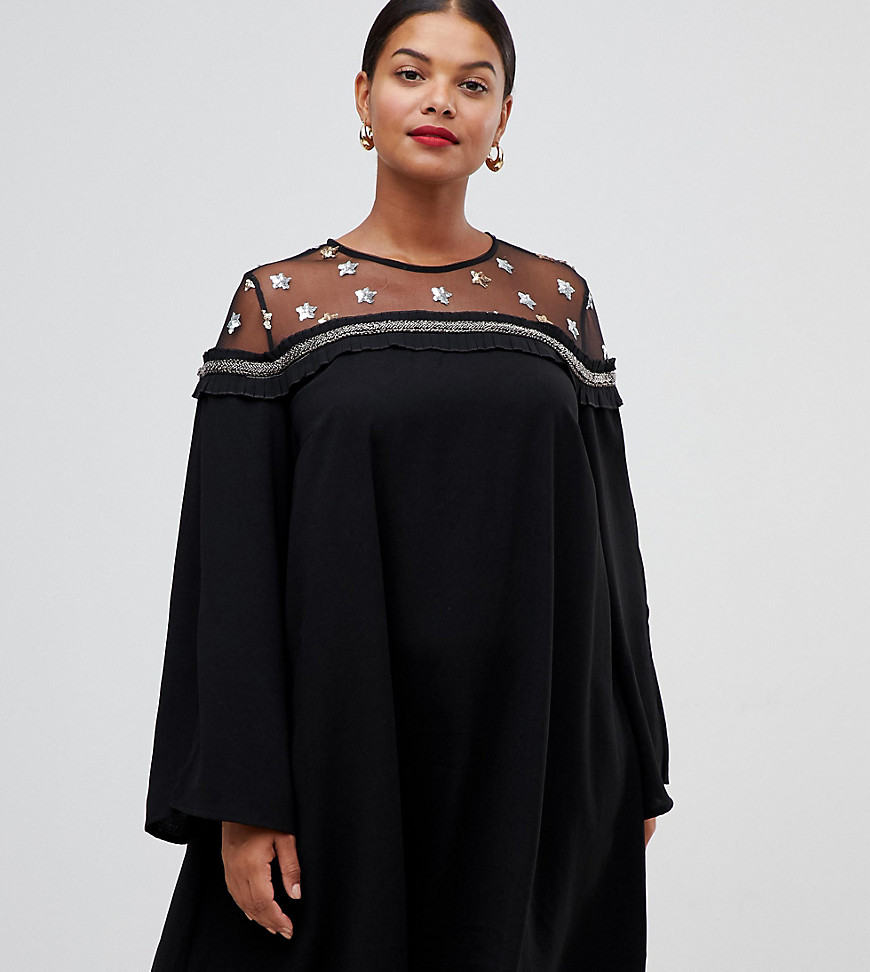 Lovedrobe shift dress with star mesh shoulders - Black