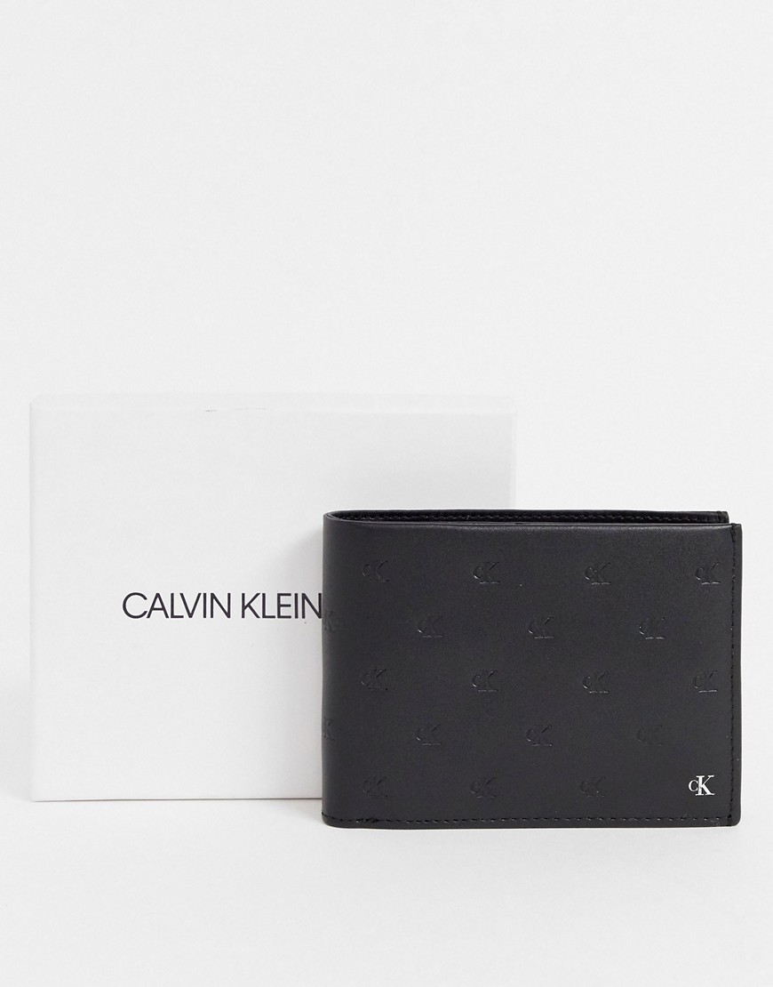 Calvin Klein Jeans embossed monogram leather billfold and coin wallet in black