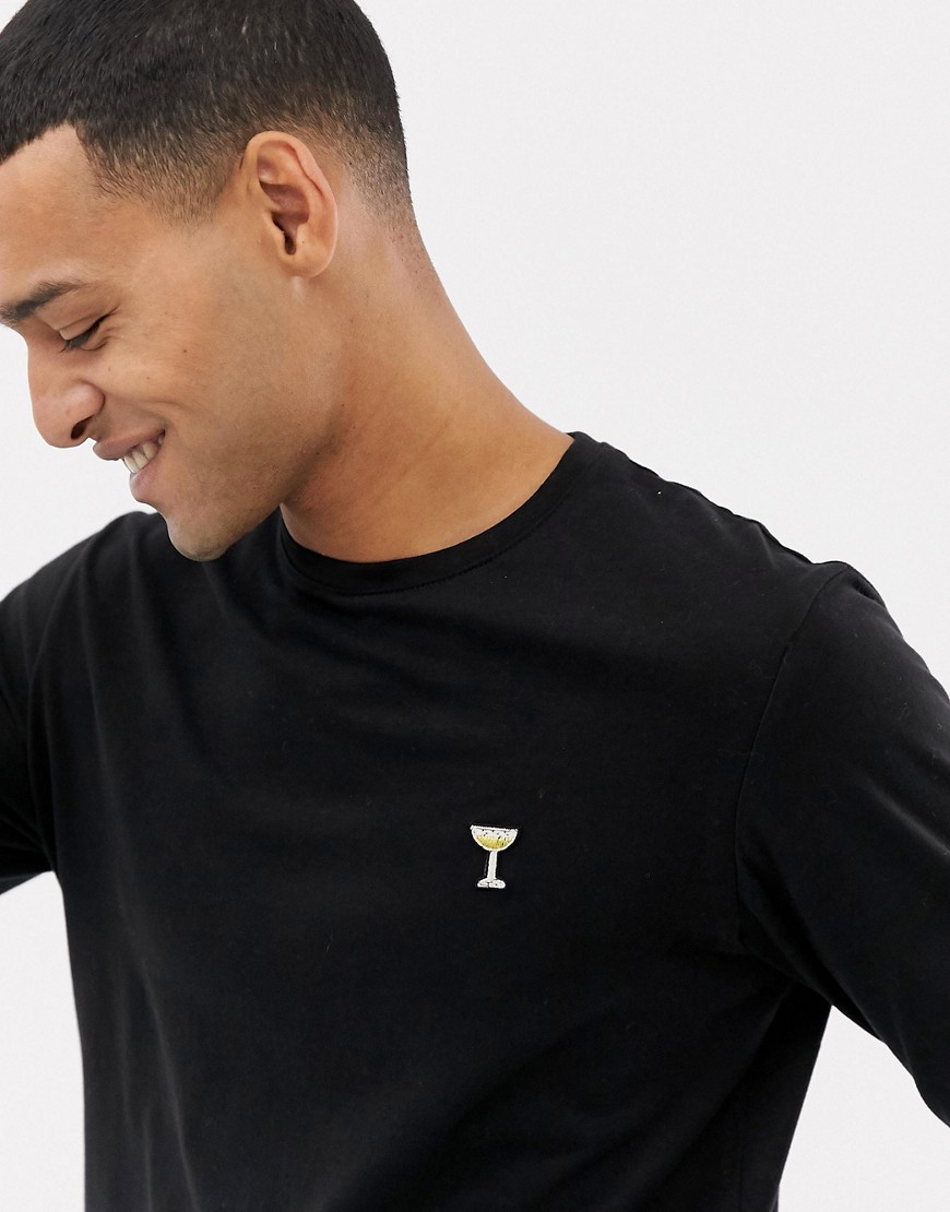 Solid long sleeve embroidered logo top in black