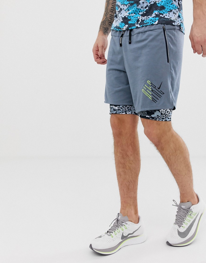Nike Running retro 2-in-1 shorts in grey with camo legging