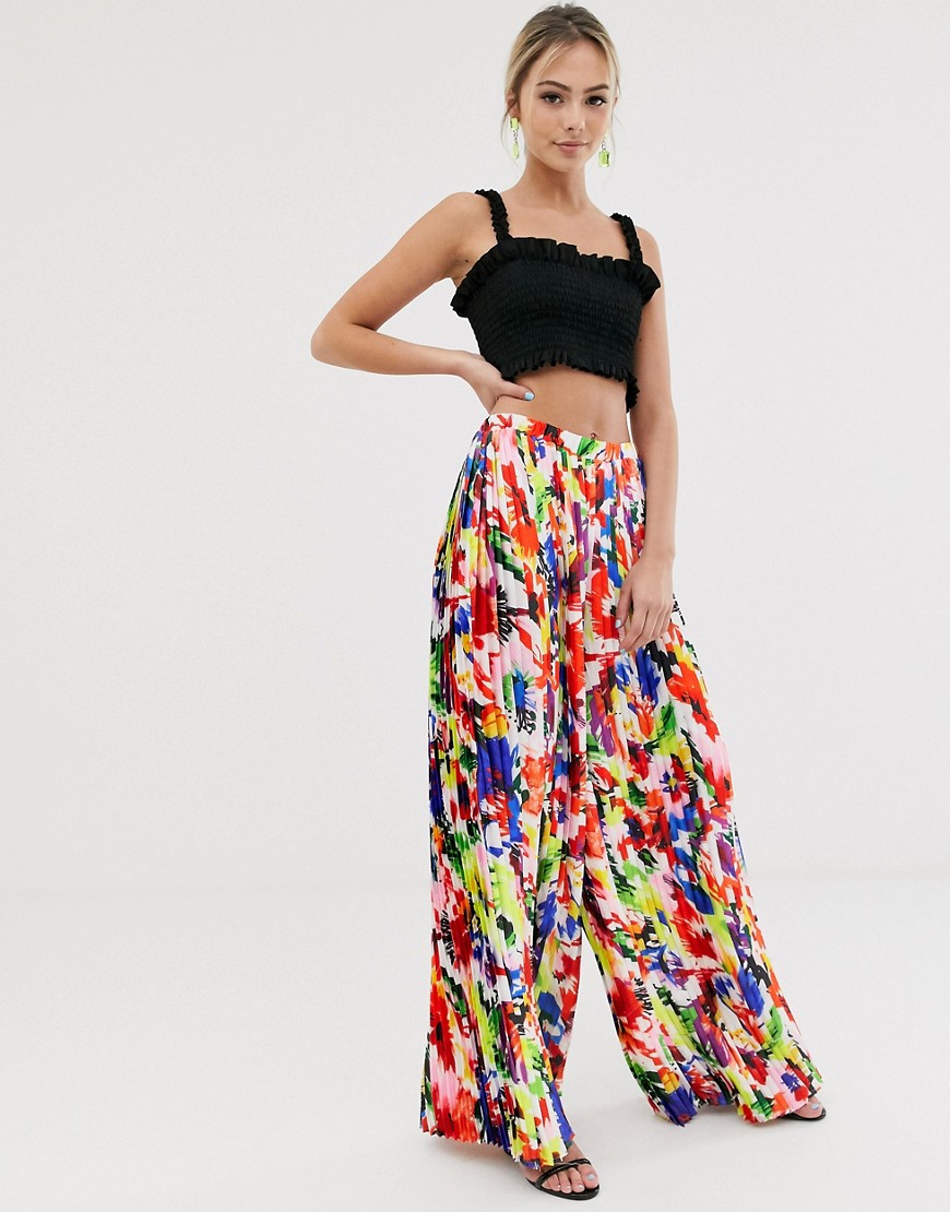 Liquorish pleated wide leg trousers in abstract floral