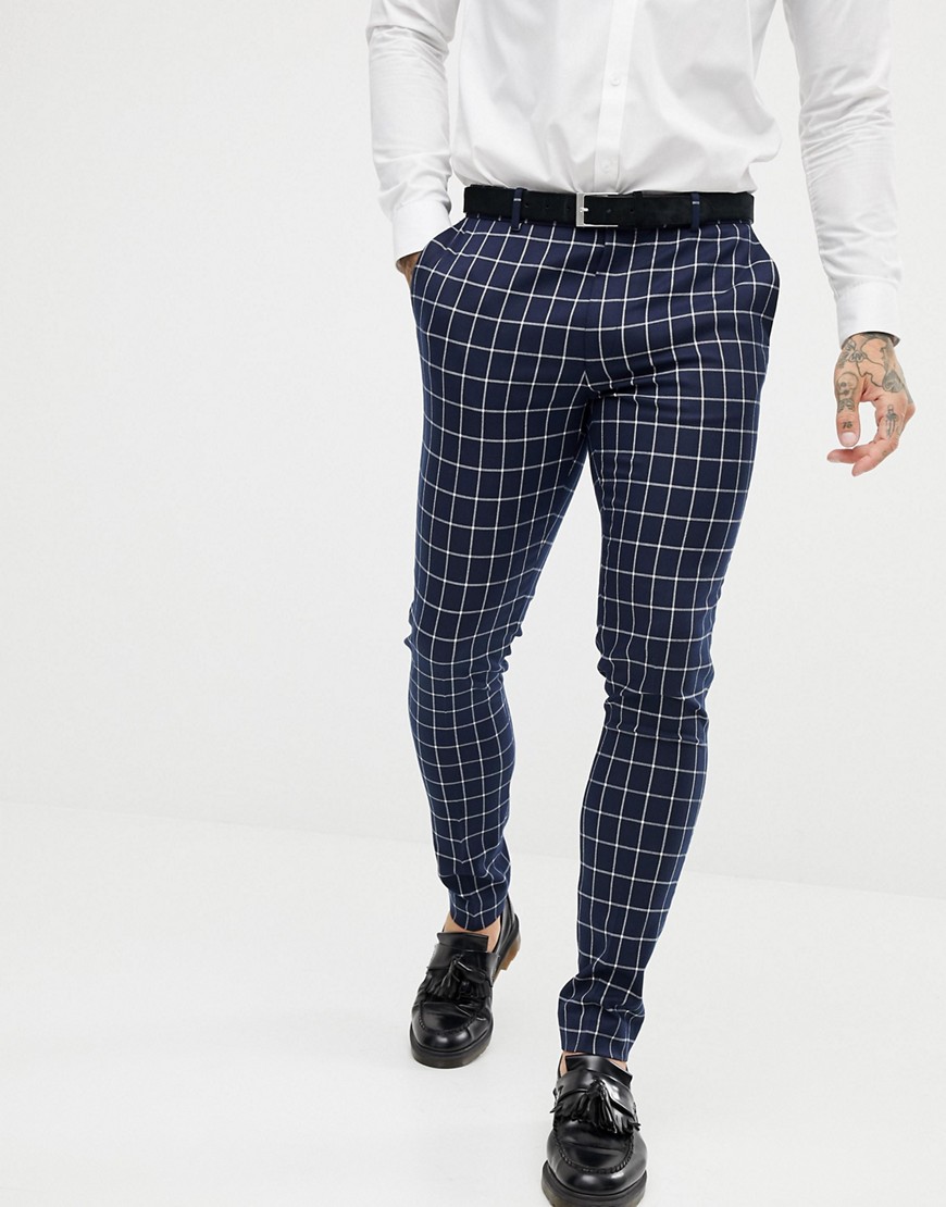 ASOS DESIGN super skinny suit trousers in navy grid check - Navy